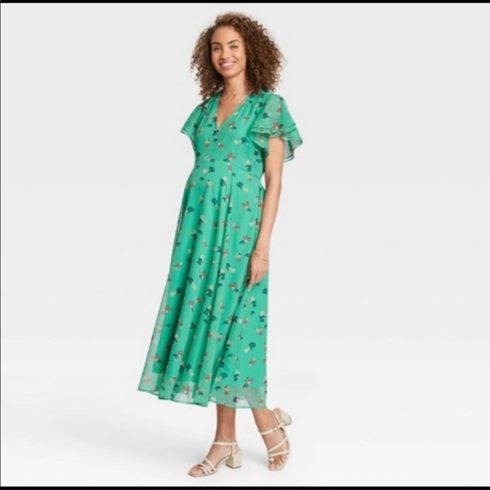 THE NINES by Hatch Green Empire Waist V-Neck Midi Dress Maternity Size M